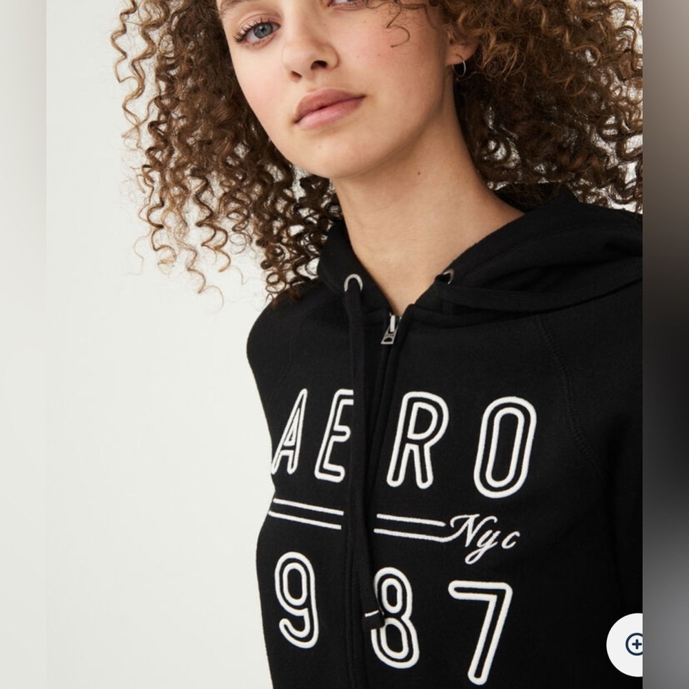 Y2K Aeropostale Aero 1987 NYC Full-Zip‎ Black Drawstring Hoodie Women Medium EUC - Picture 12 of 13